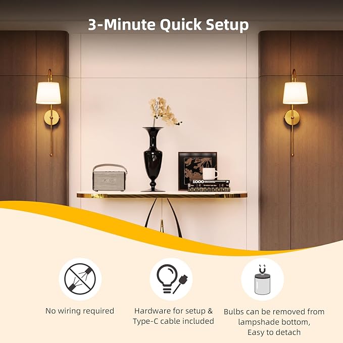 Battery Operated Wall Sconce Set of 2, Rechargeable Wireless Wall Decor Sconces, Two Battery Powered Wall Lights, Dimmable Magnetic RGB Bulbs & Remote, Lamp for Living Room Bedroom - Gold