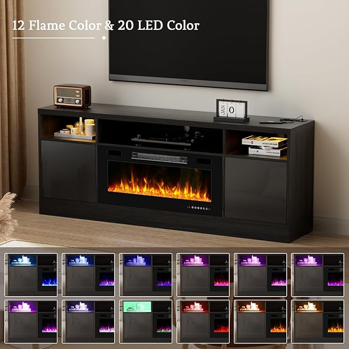 70'' TV Stand with Fireplace and Power Outlet-Black Entertainment Center for 75+ inch TV- 27'' High TV Cabinet with LED Light, Storage, High Glossy Door, Modern TV Console for Living Room