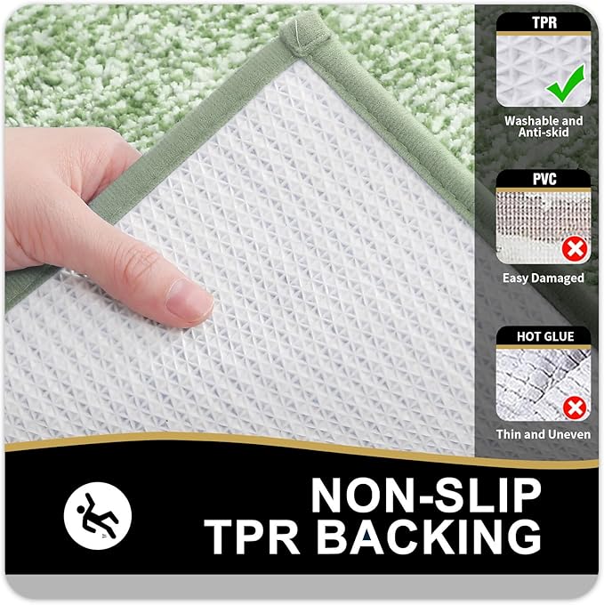 OLANLY Toilet Rugs U-Shaped 24x20, Extra Soft and Absorbent Microfiber Bathroom Rugs, Non-Slip, Machine Wash Dry, Plush Shaggy Contour Bath Mats for Toilet Base (Sage Green and White)