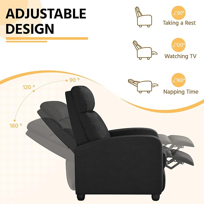Yaheetech Fabric Recliner Chair Sofa Ergonomic Adjustable Single Sofa with Thicker Seat Cushion Modern Home Theater Seating for Living Room Matte Black