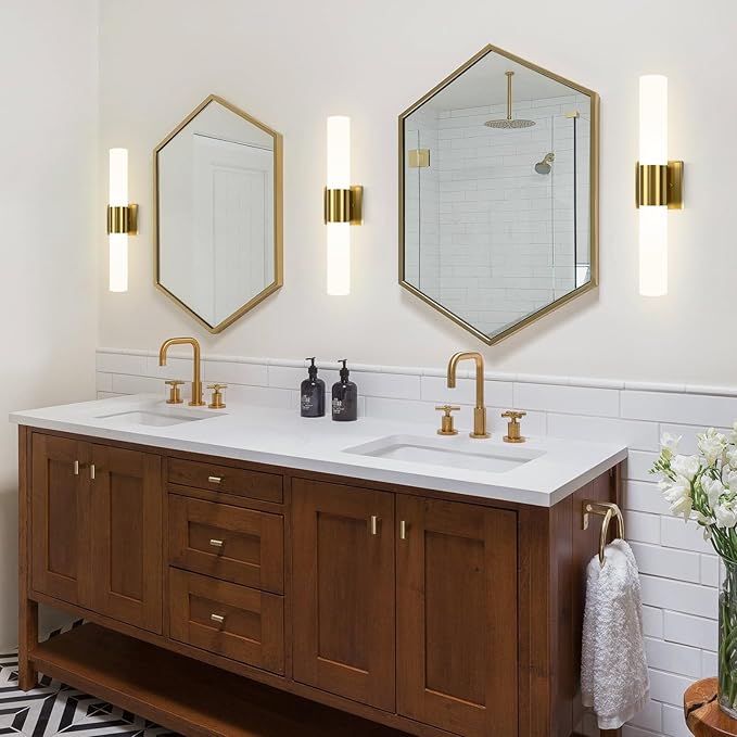 Bathroom Wall Sconces Set of Two, 21 Inch Modern Vanity Lights with Frosted Glass Shade, Bathrooms Vanity Lighting Fixtures for Mirror Bedroom Living Room Hallway (Gold)