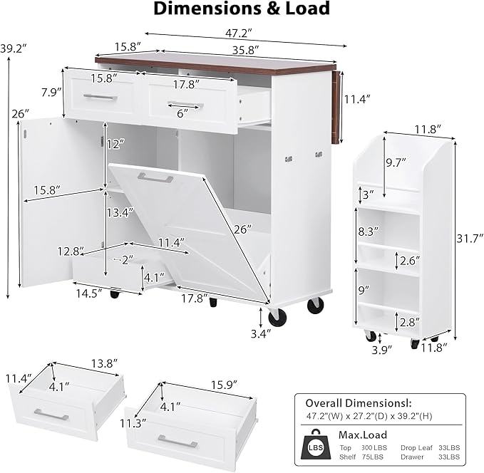 Farmhouse Kitchen Island with Drop Leaf & Wheels, 47.2" Rolling Kitchen Cart with Removable Side Racks, 2 Drawers, Towel Hooks & Trash Bin Cabinet for Small Space, Dining Room, Rustic Home Decor