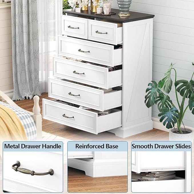 Dresser for Bedroom with 6 Drawer, 43'' Tall Dresser for Closet, Farmhouse Wooden Chest of Drawers with Natural Wood Texture, Vintage Storage Organizer for Living Room, Hallway, White