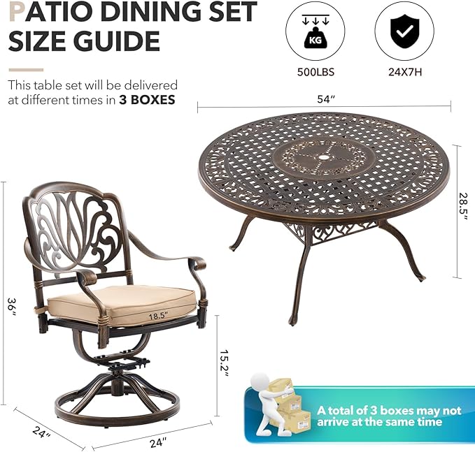 5 Piece Outdoor Dining Set Cast Aluminum, Retro Patio Dining Furniture Set for 4 Includes 54’’ Round Table 4 Swivel Chairs with Thicker Cushion and Umbrella Hole for Patio Deck Garden