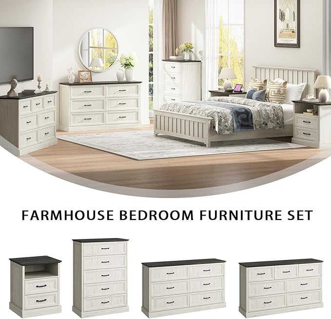 Farmhouse 6 Drawer Dresser for Bedroom, 55 Inch Wide Modern White Dresser TV Stand with Large Drawers & Bar Handles, Rustic Wood Chest of Drawers for Bedroom, Living Room, Hallway, Entryway.