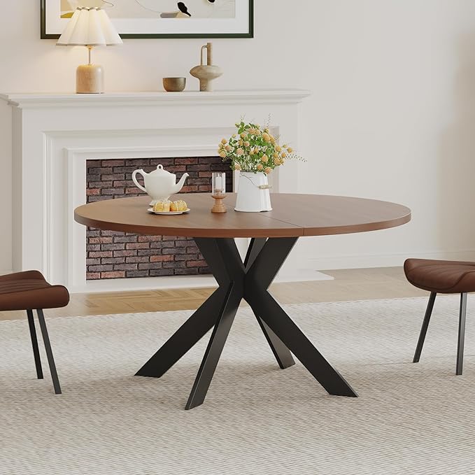 45.3" Walnut Round Dining Table Set with 4 Chairs – Mid-Century Modern Small-Space Kitchen & Dining Room Furniture for Apartment or Breakfast Nook (Boxwood – Table + 4 Brown Chairs)