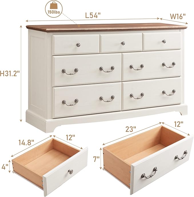 Farmhouse Dresser for Bedroom, 54" Modern 7 Drawers Dresser with Vintage Styles Pulls, Wood Rustic Closet Chest of Drawers for Living Room, Hallway, Antique White