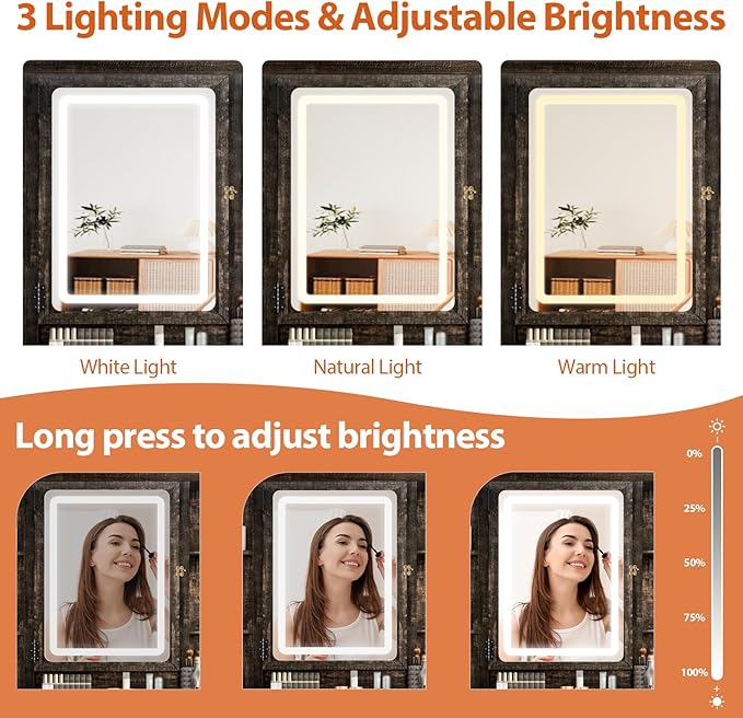 Makeup Vanity, Farmhouse Vanity with Mirror & Generous Clear Glass Countertop, 40'' Intelligent Makeup Desk with Multi-Functional Charging Station & Human Body Sensing LED Lights, Brown