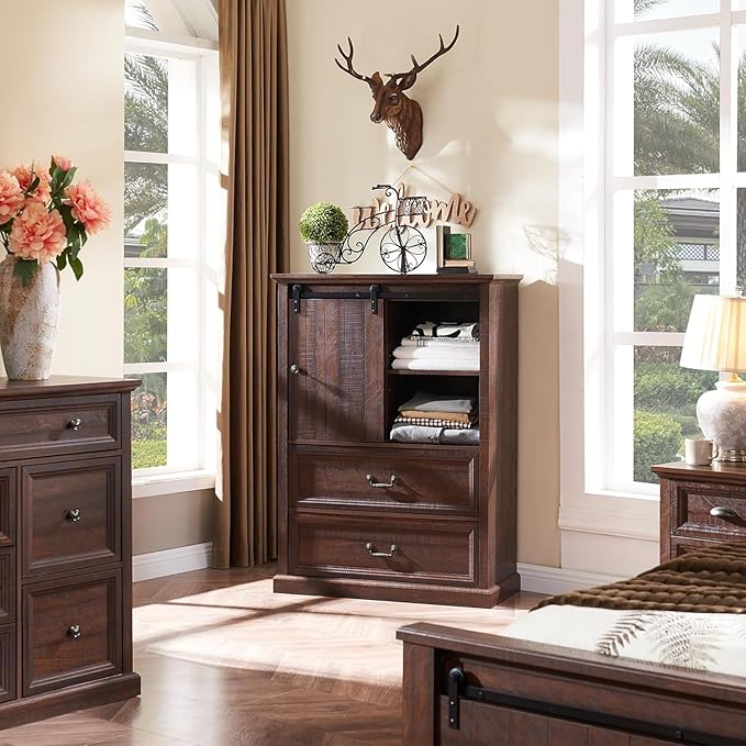 Farmhouse 5 Drawers Dresser for Bedroom, 47" Tall Chest of Drawers w/Sliding Barn Door, Rustic Wood Dressers Organizer w/Adjustable Shelves for Bedroom, Living Room, Kitchen, Brown