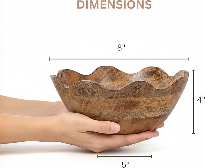 Mela Artisans Medium Scalloped Decorative Wooden Bowl | 10 Inch Mango Wood Fruit & Serving Bowl | Natural Grain Texture | Ideal for Kitchen Counter | Snacks | Desserts | Bread | Handcrafted Decor