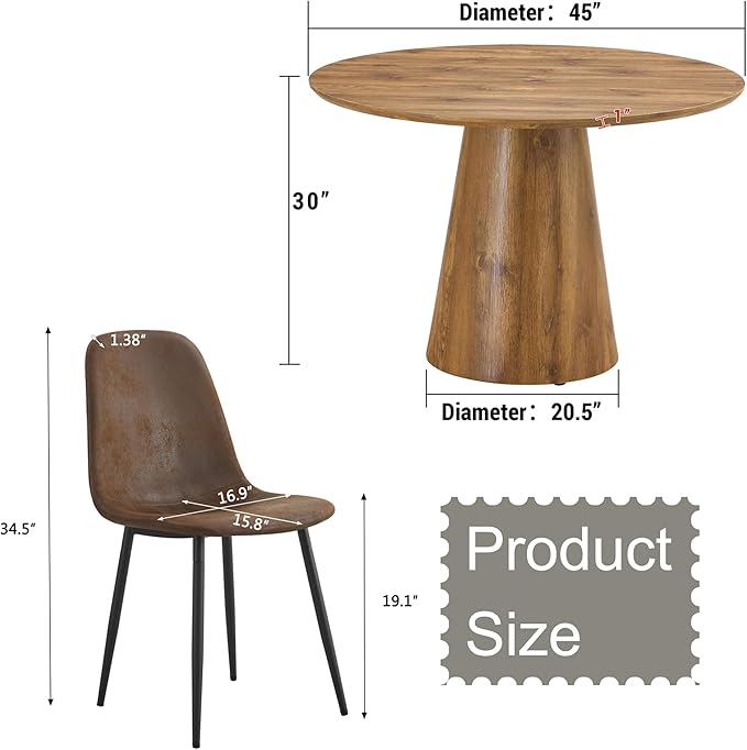 45 Inch Round Dining Table Set for 4, 5 Piece Kitchen Table and Chairs Set, Wooden Table with Light Walnut Finish, Small Space Dining Set for Apartment or Dining Room