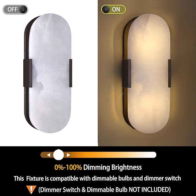 2 Light Natural Oval Alabaster Marble Bathroom 15 Inch Wall Sconce Modern Concise Style Wall Light Fixtures,Oil Rubbed Bronze Finish for Bedroom Hallway Bedside Living Room