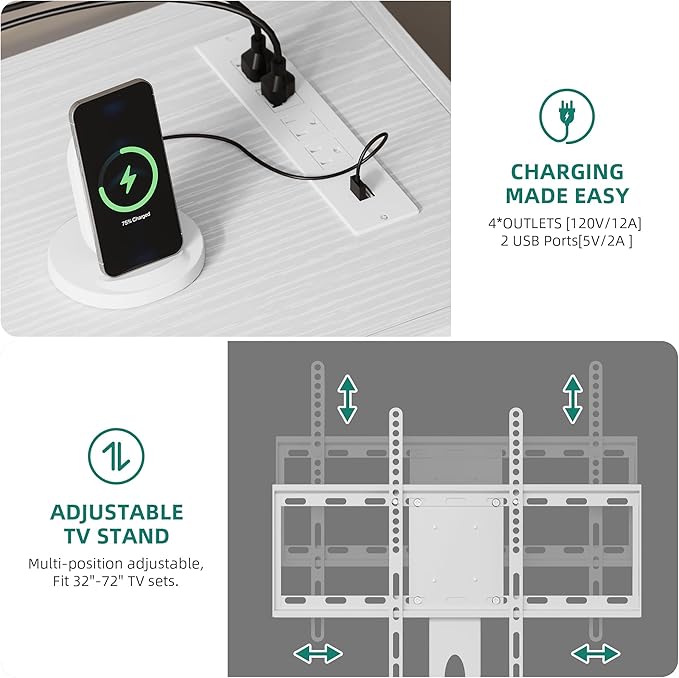 YITAHOME White TV Stand for Living Room, LED Entertainment Center with Storage, Height-Adjustable Mount TV Stand for 70/65 Inch TVs, Media Cabinet with LED Lighting and Charging Ports, White