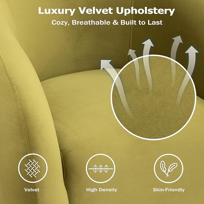 34.6" Velvet Swivel Accent Chair, Modern Round Armchair for Living Room,Upholstered Comfy Sofa Barrel Chairs for Bedroom Reading Apartment Lounge,Fully Assembled(Grass Green)