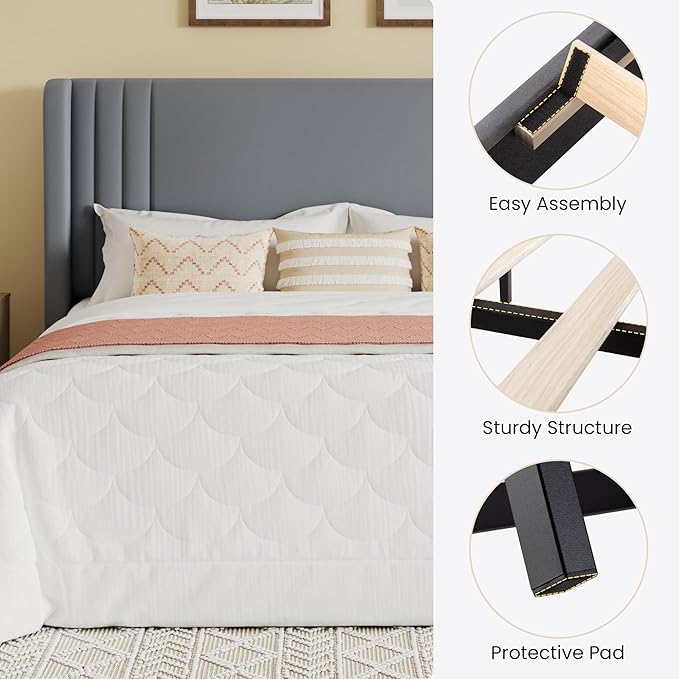 SHA CERLIN King Size Velvet Upholstered Platform Bed Frame with Vertical Channel Tufted Wingback Headboard, Wooden Slats Support, Easy Assembly, Under Bed Storage, No Box Spring Required, Grey