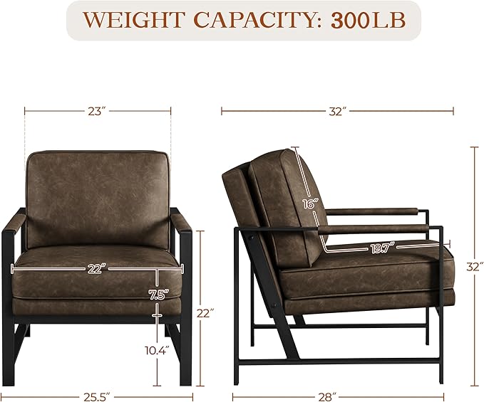 Yaheetech PU Leather Armchairs, Retro Leisure Accent Chair with Extra Soft Padded and Cushion, 105 Degree Slant Back, Modern Reading Arm Chair for Living Room/Office/Bedroom/Study, 2pcs, Brown