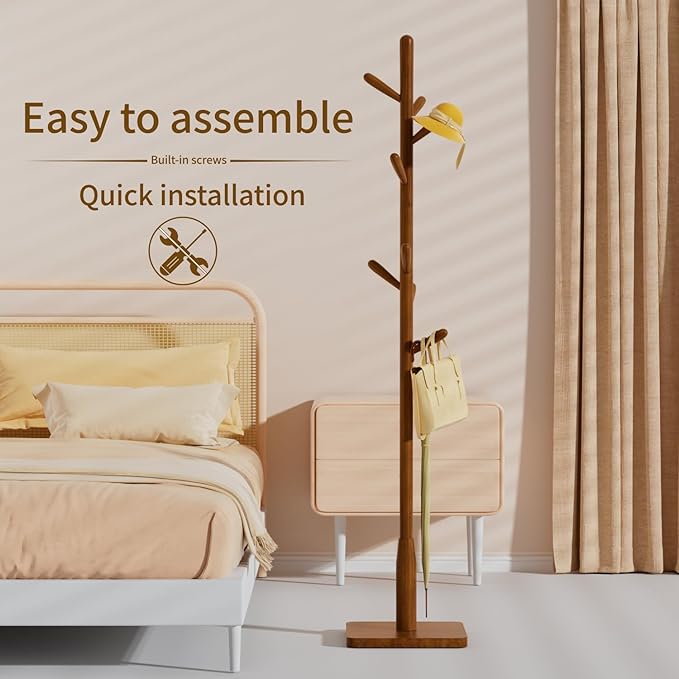 Solid Wood Square Base Coat Rack, Free Standing Hall Coat Tree with 8 Hooks（+2 spare for Coats, Hats, Bags, Purses, for Entryway, Hallway, Rubberwood Hooks,Base and Pole,(Square Base,Brown)