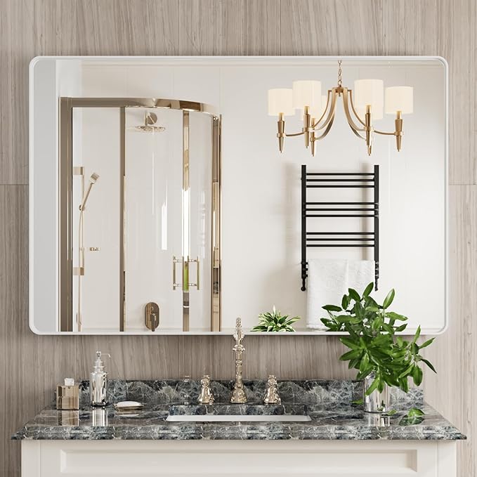White Bathroom Mirror 48x32 Inch, White Metal Framed Bathroom Mirror for Wall, Rounded Rectangle Matte Bathroom Vanity Mirror, Tempered Glass, Anti-Rust, Horizontal/Vertical
