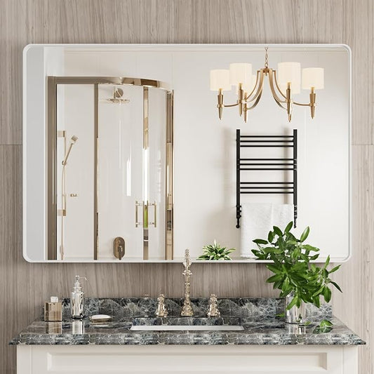 White Bathroom Mirror 48x32 Inch, White Metal Framed Bathroom Mirror for Wall, Rounded Rectangle Matte Bathroom Vanity Mirror, Tempered Glass, Anti-Rust, Horizontal/Vertical