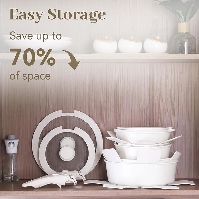 LABOR DAY SALE - Cuisinluv 15-Piece Ceramic Nonstick Pots and Pans Set – Kitchen Cookware with Detachable Handle, RV Camping Cookware Set – Oven & Dishwasher Safe, PFOA-Free – Cream White