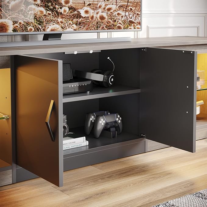 Bestier 70 Inch Led TV Stand for 75 Inch TV Large Entertainment Center Gaming with Adjustable Glass Shelves Two Cabinets Modern TV Console for Living Room 22 RGB Modes, Wash Gray