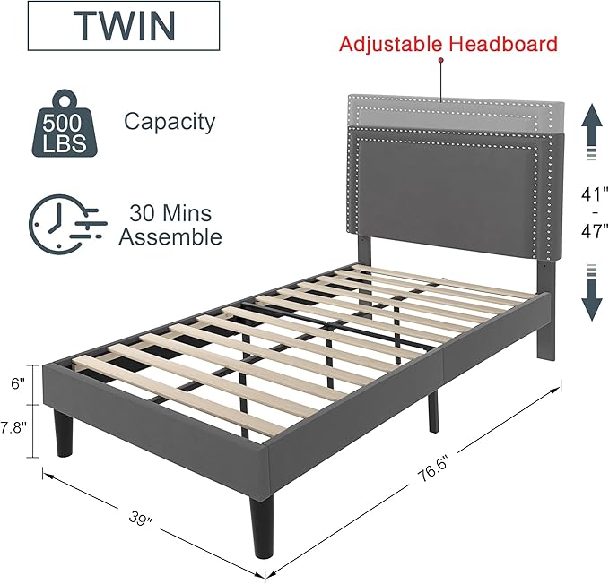 VECELO Twin Size Platform Bed Frame with Height Adjustable Upholstered Headboard, Modern Mattress Foundation,Strong Wood Slat Support, No Box Spring Needed, Easy Assembly
