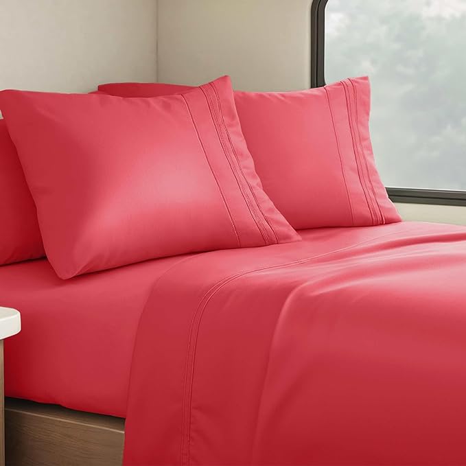 Clara Clark Bed Sheets, Premier 1800 Series 4 Piece RV Queen Sheet Set, Luxury Soft Sheets for RV Bunks, Short Queen - Coral Pink