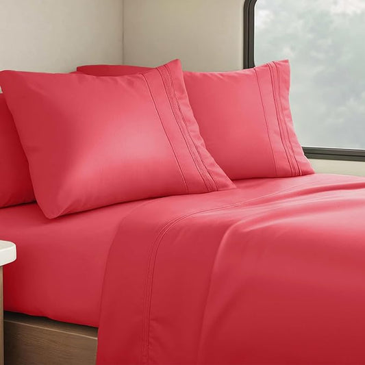Clara Clark Bed Sheets, Premier 1800 Series 4 Piece RV Queen Sheet Set, Luxury Soft Sheets for RV Bunks, Short Queen - Coral Pink