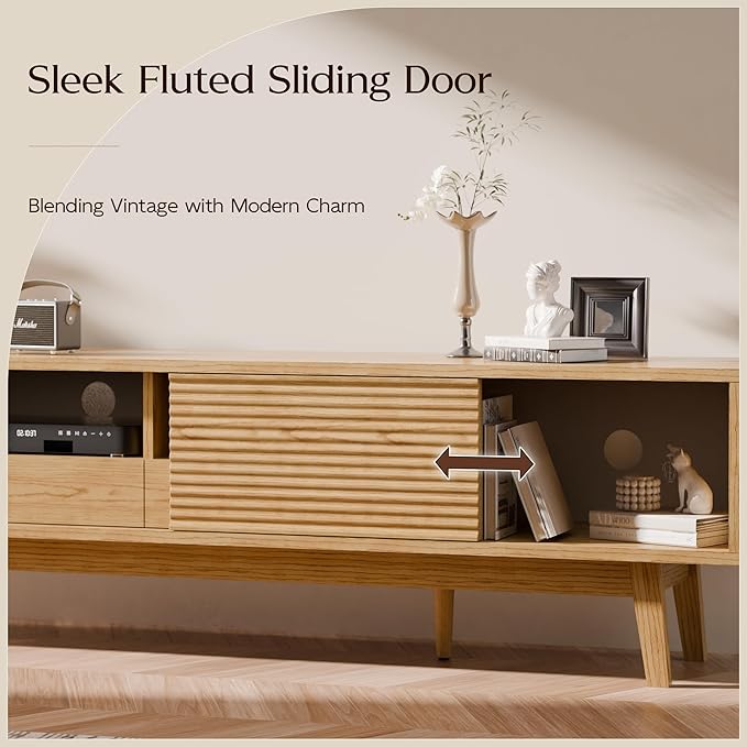 70" TV Console, Mid Century Modern Media Console for 55/65/75 Inch TV, Low Profile TV Stand with Fluted Sliding Doors, Boho Light Wood Credenza for Living Room, Oak