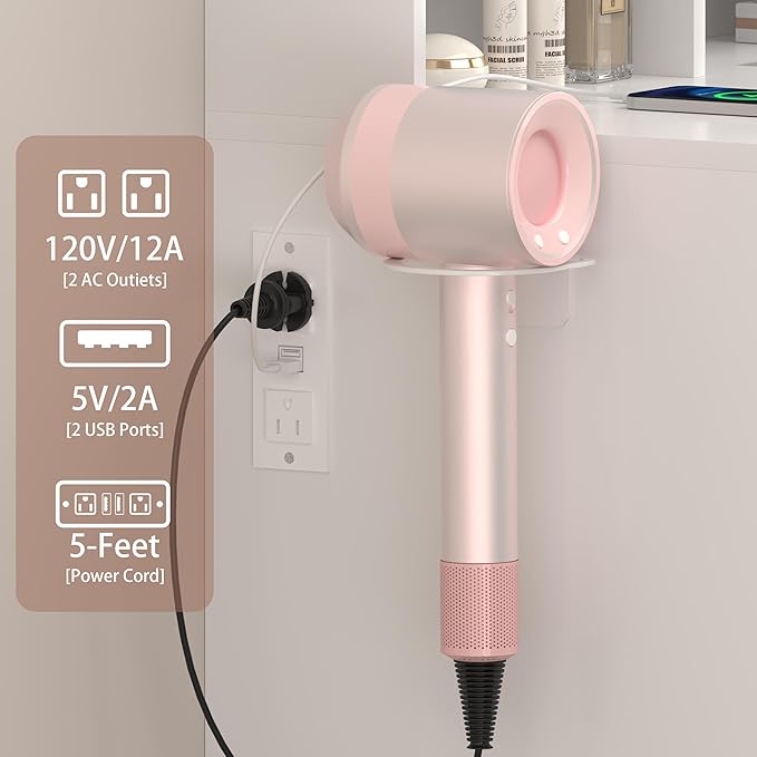 Makeup Vanity Desk with Mirror and Lights, White Vanity with Glass Top, Jewelry Storage, Power Outlets, 3 Drawers & 2 Cabinets, Adjustable LED Lighting, Dressing Table for Women & Girls Bedroom