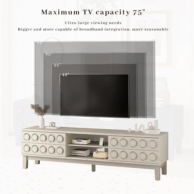 70" Modern TV Stand, Entertainment Center for Tvs up to 75", Unique Circular Design, TV Media Console with 4 Drawer & Open Storage for Living Room (White)
