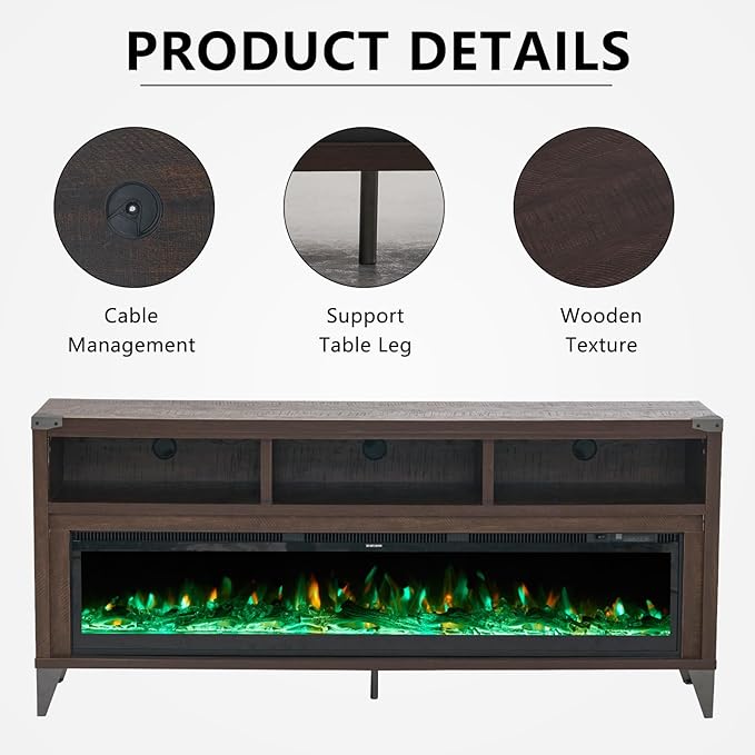 65“ Farmhouse Fireplace TV Stand, Industrial Entertainment Center with 60" Tempered Glass Electric Fireplace, Media Console with Open Storage Space for TVs up to 75", Espresso