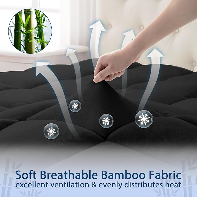 ELEMUSE California King Black Cooling Bamboo Viscose Mattress Topper for Back Pain, Extra Thick Mattress Pad Cover, Plush Soft Pillowtop with Elastic Deep Pocket, Overfilled Down Alternative Filling