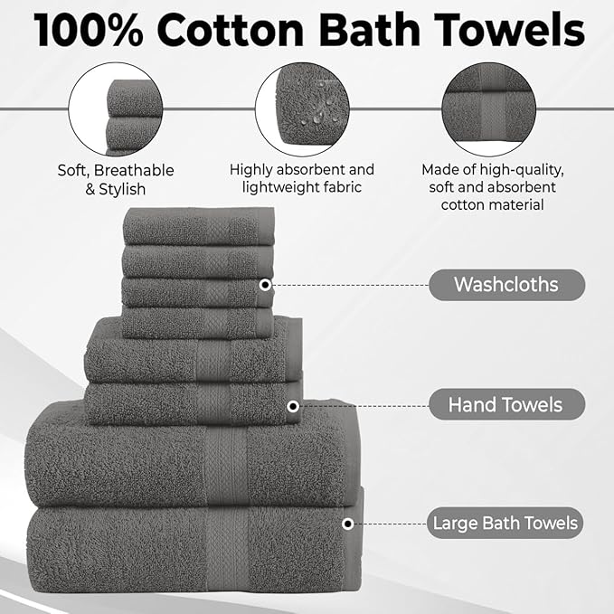 Pack of 8 Towels Set, 2 Large Bath Towels, 2 Hand Towels, 4 Wash Cloths, 100% Cotton, Lighter Weight, Quicker to Dry, Super Absorbent, Perfect for Bathroom (Grey)