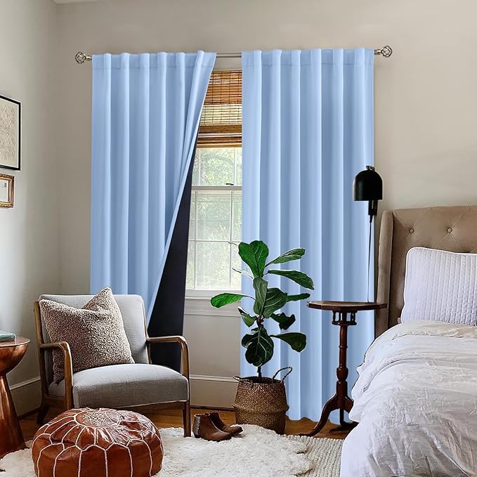 BGment Full Blackout Curtains with Thermal Insulation Liner Curtains 90 Inches Long, Rod Pocket and Back Tab Double Layer Room Darkening Window Curtain for Bedroom(52 x 90 Inch, 2 Panels, Light Blue)
