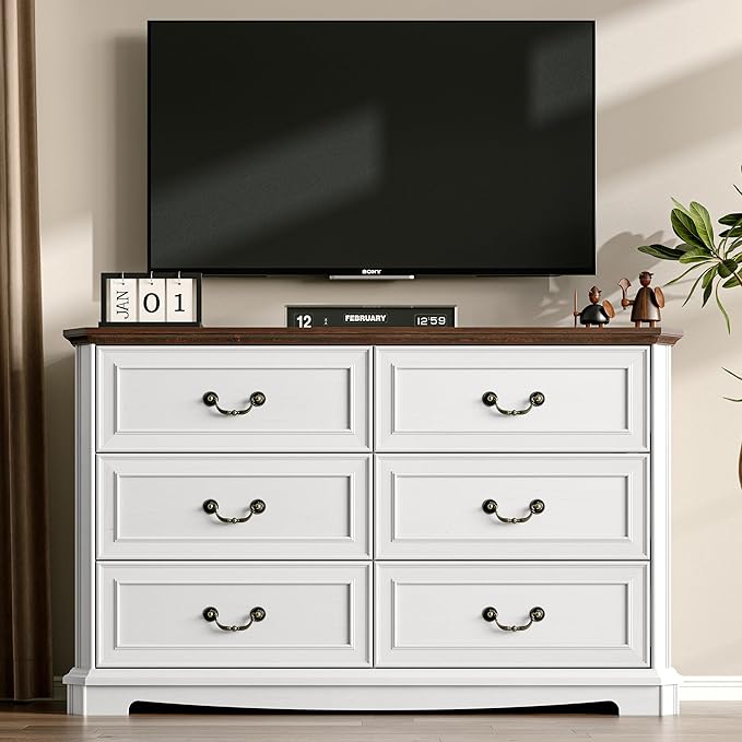 Farmhouse Dresser for Bedroom with 7 Drawer, 48" Wide Rustic Chest of Drawers with Metal Handle, Wood Vintage Dresser TV Stand, Wooden Closet Storage Dressers Organizer for Living Room, Hallway, White