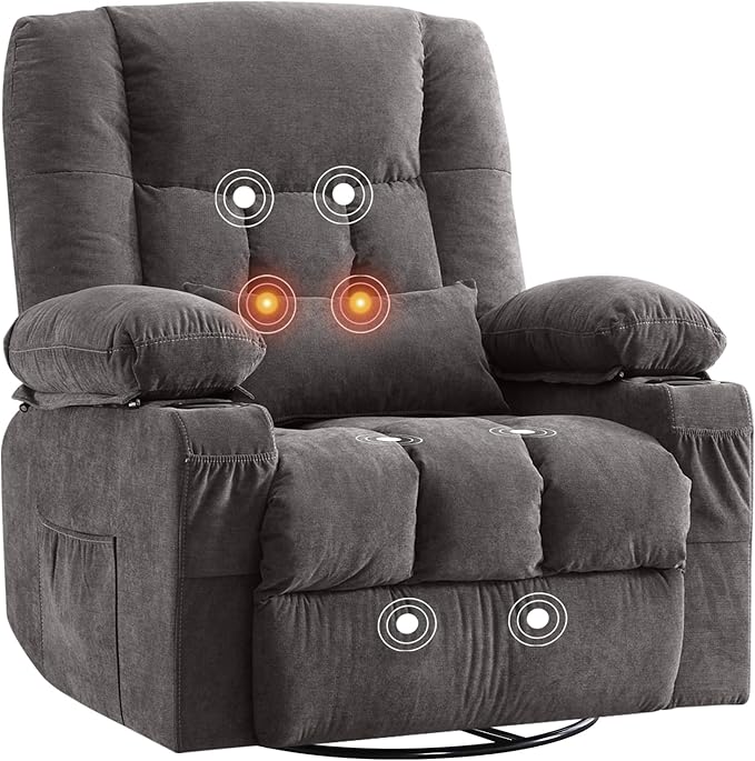 Massage Swivel Rocker Recliner Chair with Vibration Massage and Heat Ergonomic Lounge Chair for Living Room with Rocking Function and Side Pocket, 2 Cup Holders, USB Charge Port