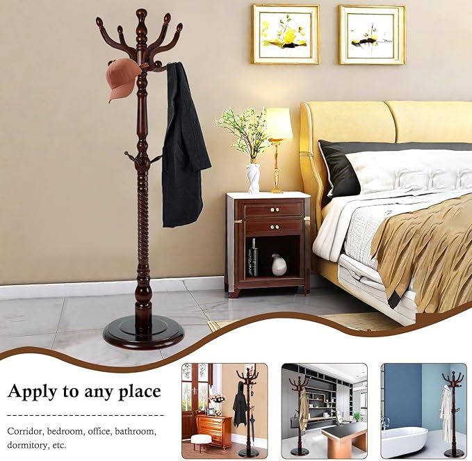 Coat Rack Stand, Solid Wooden Coat Tree with 11 Hooks, Heavy Duty Coat Rack Freestanding with Sturdy Round Base, Natural Birch Wood Coat Hanger Stand for Entryway Bedroom (Circular)