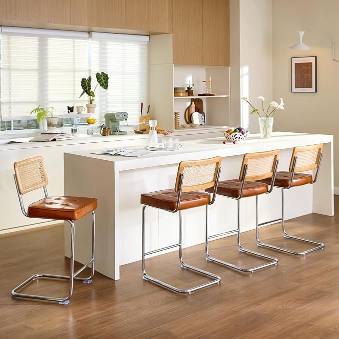 Natural Rattan Bar Stools Set of 2 with Solid Wood Back, 24 Inch Mid Century Modern Counter Height Stools, Brown Faux Leather Upholstery Boho Stool for Kitchen Counter with Chrome Metal Legs