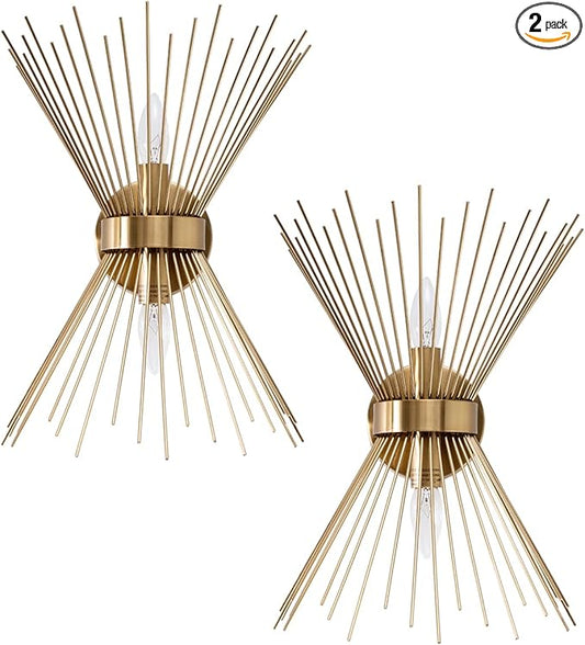 VILUXY Mid-Century Wall Sconces Antique Brass Brush Paint Finish Bedside Wall Sconce Lighting Fixture with Starburst Shade for Bedroom, Hallway, Entryway, Passway, Bathroom, Vanity 2 Pack