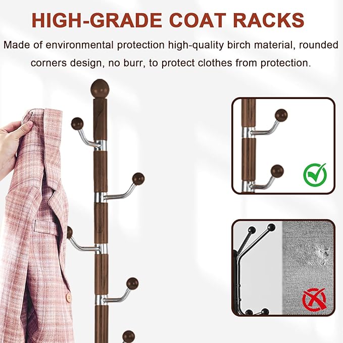 Coat Racks Freestanding, Natural Wood Coat Stands with 6 Hooks, 68" Heavy Duty Adjustable Height Vintage Hall Tree for Entryway, Bedroom, Office, Easy Assembly (Walnut Metal Hook)