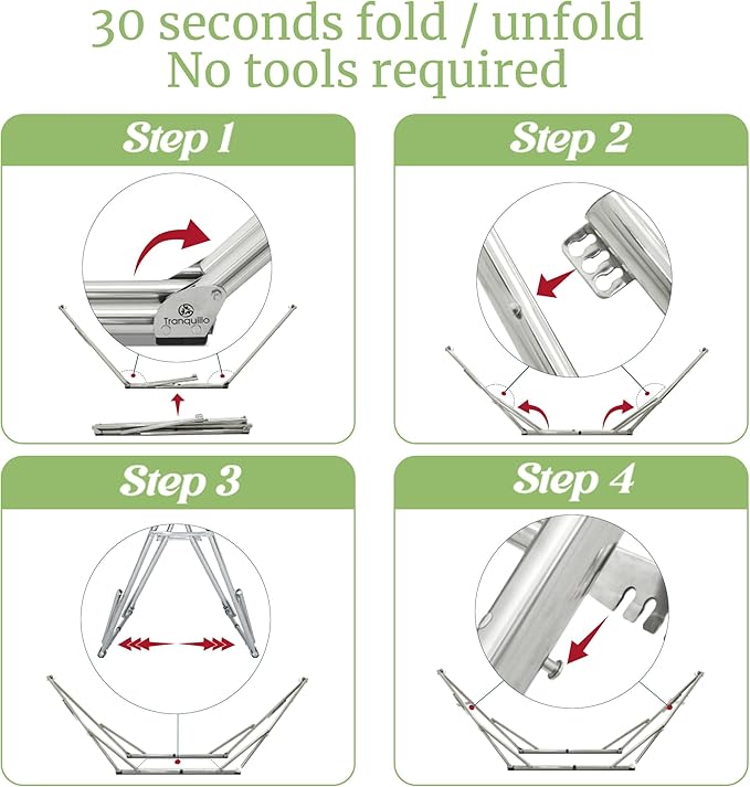 Tranquillo Double Hammock with Stand 650lb Capacity Double Hammock with Spreader Bar, Solid Grade 201 Stainless Steel 30s Set Up, Sturdy Flexible Hammock Stand Portable, Outdoor Indoor, Grey