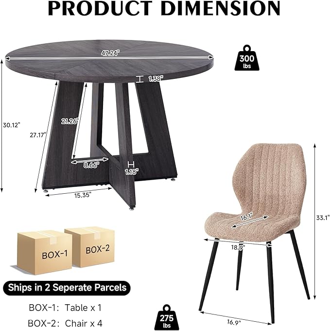 47" Round Dining Room Table Set for 4, [Fanned Base] [1.38" Thick Top] Wood Kitchen Table with 4 Boucle Dining Chairs