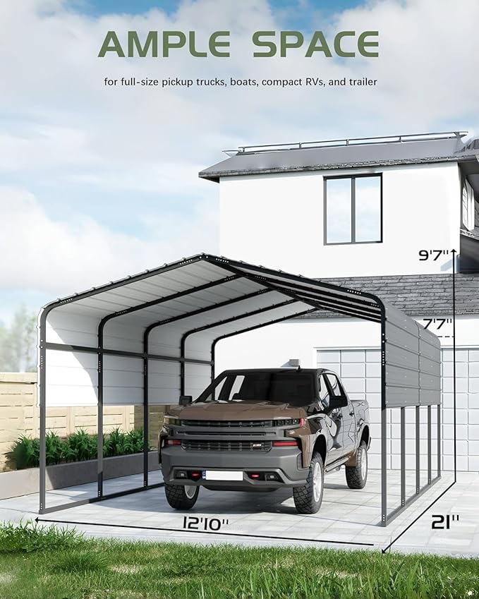 Metal Carport, 13x21 FT Outdoor Car Port Canopy with Galvanized Steel Roof and Reinforced Base, Heavy Duty Garage Car Shelter Shade for SUV, Truck, Boats