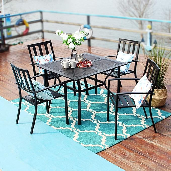 PHI VILLA 5 Pieces Outdoor Dining Set for 4, Metal Steel Square Table with Umbrella Hole & Stackable Black Wrought Iron Chairs, Heavy-Duty Dining Furniture for Patio, Deck, Backyard, Porch