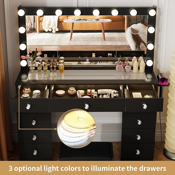 VOWNER Vanity with Lighted Mirror - Makeup Vanity Desk with Glass Top and 11 Drawers, 3 Color Lighting Modes Adjustable Brightness, 46" Vanity Table with Soft Cushioned Stool for Bedroom, Black
