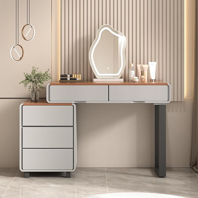 Vanity Desk with Mirror and LED Lights| Small Makeup Table with 5 Drawers and Adjustable Storage Cabinet| Modern Space-Saving Dressing Table for Bedroom(Walnut Top with Gray Base)