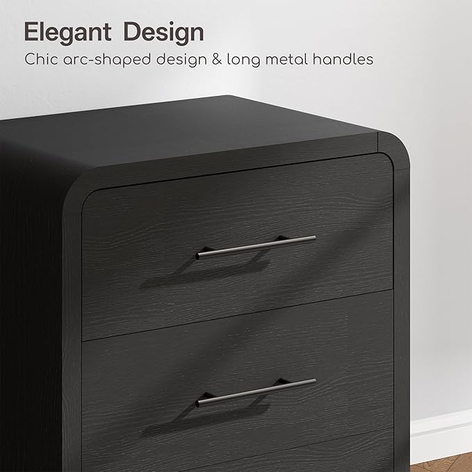 Curved 3-Drawer Nightstand Dresser, 23.6'' Wide Modern Wood Bedside Tables with Long Metal Handles, Large Storage End Tables for Bedroom, Office, Black