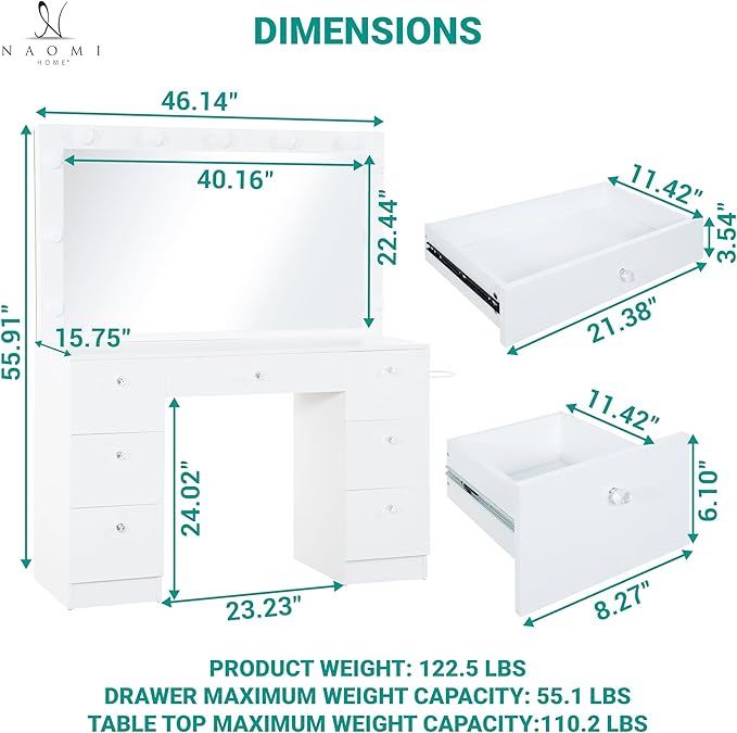 Naomi Home 46" Vera Vanity Set – Makeup Desk with Mirror, 11 LED Lights, Adjustable Brightness & 3 Lighting Modes – Includes Chair and 7 Storage Drawers