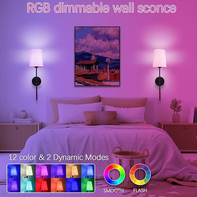 Wall Lights Battery Operated Wall Sconces Set of 2, Black Rechargeable Wall Sconce with 15 RGB Dimmable Detachable Bulbs and Remote, Wireless Battery Powered Wall Lamp for Living Room Bedroom